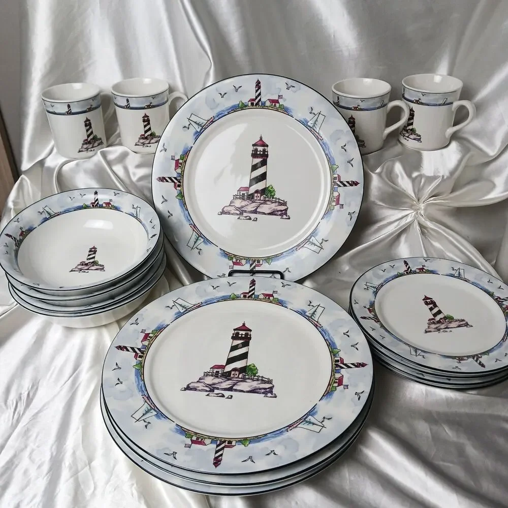 TOTALLY TODAY COASTAL LIGHTHOUSE DINNER SET FOR 4 (16 PIECES)